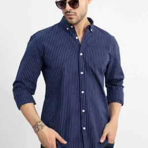 Snitch Men's Navy Textured Shirt Slim Fit Polyester Spread Collar