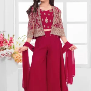 Rani Pink Embroidered Crop Top with Jacket and Palazzo Set